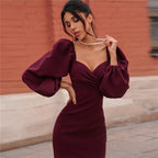 Wrap Bust Puff Sleeve Bodycon Mini Dress