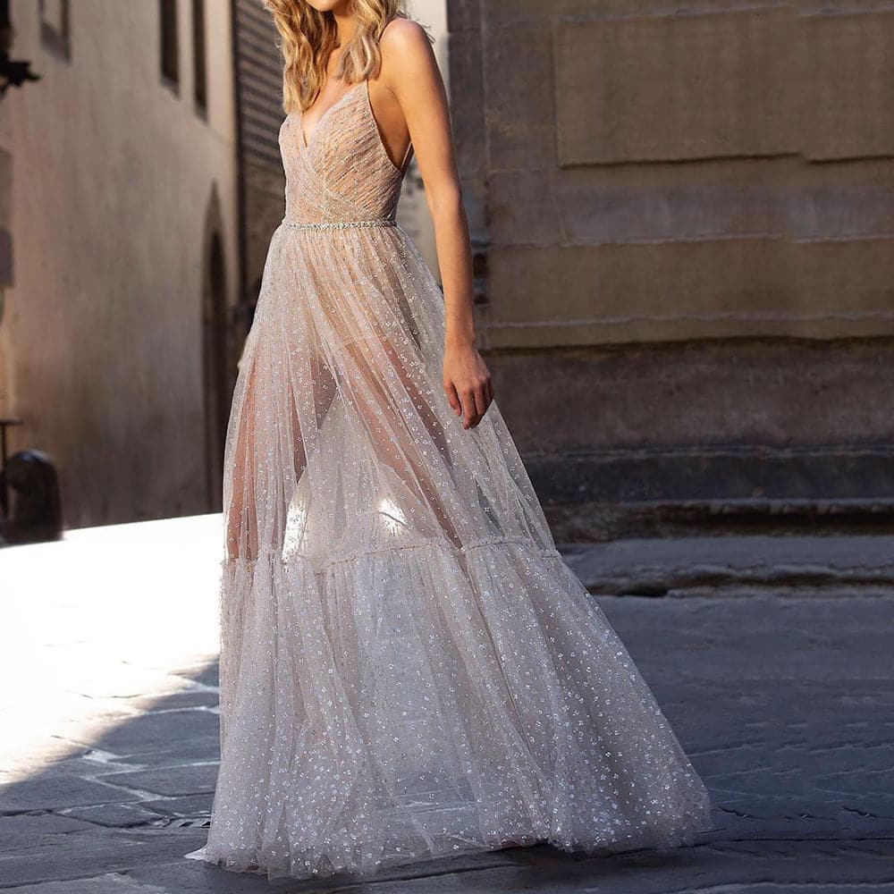 Glitter Mesh Spaghetti Strap Backless Tiered Maxi Dress