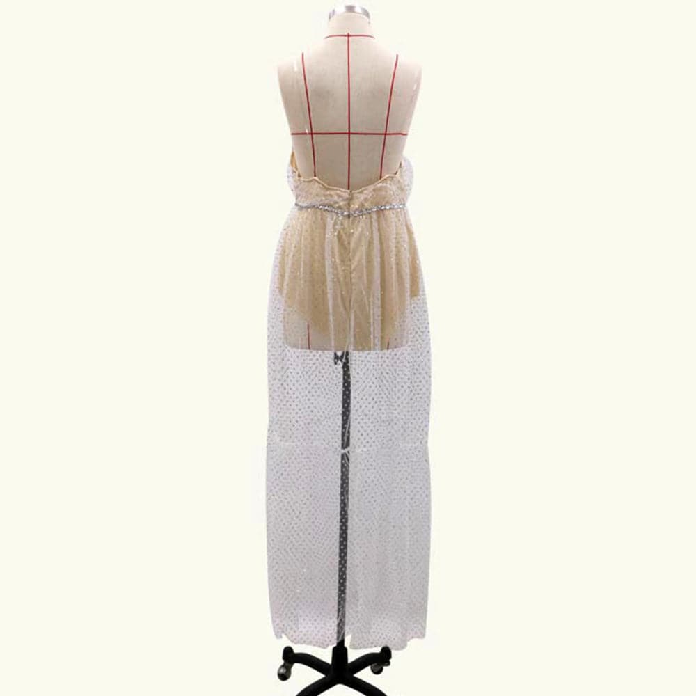 Glitter Mesh Spaghetti Strap Backless Tiered Maxi Dress