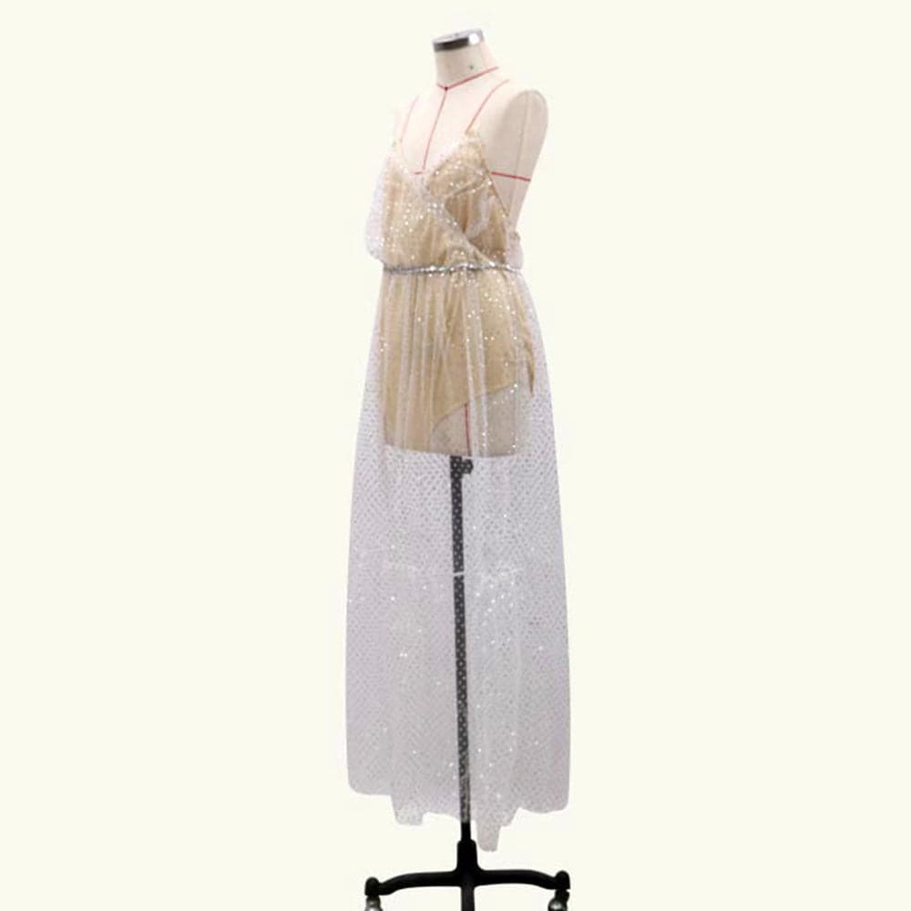 Glitter Mesh Spaghetti Strap Backless Tiered Maxi Dress