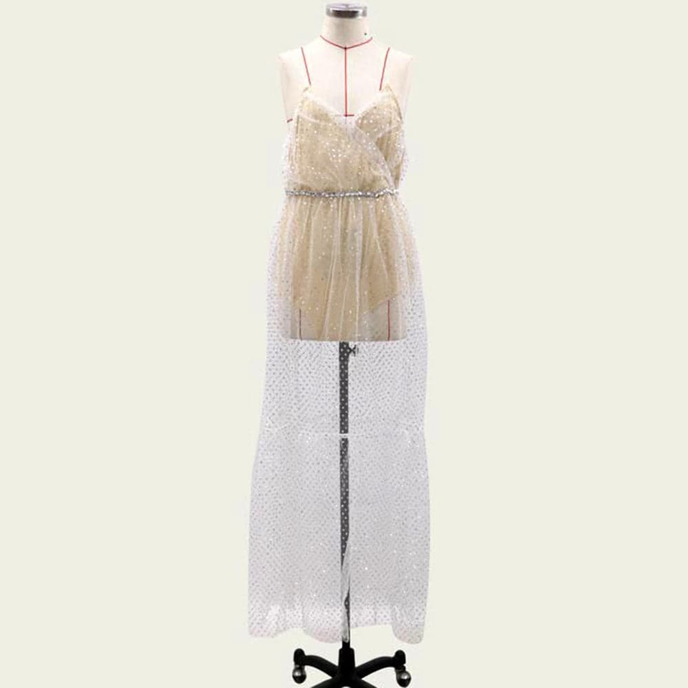 Glitter Mesh Spaghetti Strap Backless Tiered Maxi Dress
