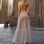 Glitter Mesh Spaghetti Strap Backless Tiered Maxi Dress