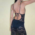 Sheer Lace Crew Neck Sleeveless Grommet Belt Maxi Dress