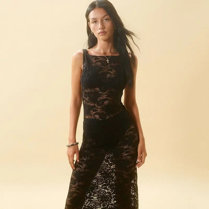 Sheer Lace Crew Neck Sleeveless Grommet Belt Maxi Dress