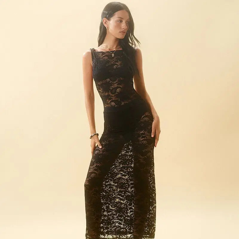 Sheer Lace Crew Neck Sleeveless Grommet Belt Maxi Dress