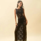 Sheer Lace Crew Neck Sleeveless Grommet Belt Maxi Dress