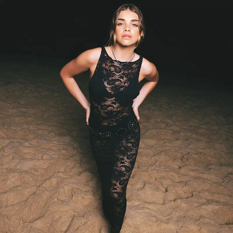 Sheer Lace Crew Neck Sleeveless Grommet Belt Maxi Dress