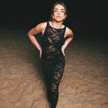Sheer Lace Crew Neck Sleeveless Grommet Belt Maxi Dress