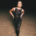 Sheer Lace Crew Neck Sleeveless Grommet Belt Maxi Dress