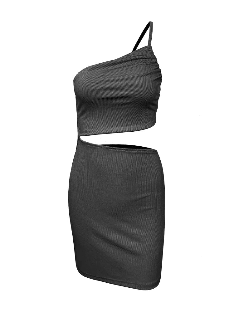 One Shoulder Ribbed Knit Side Cutout Bodycon Mini Dress