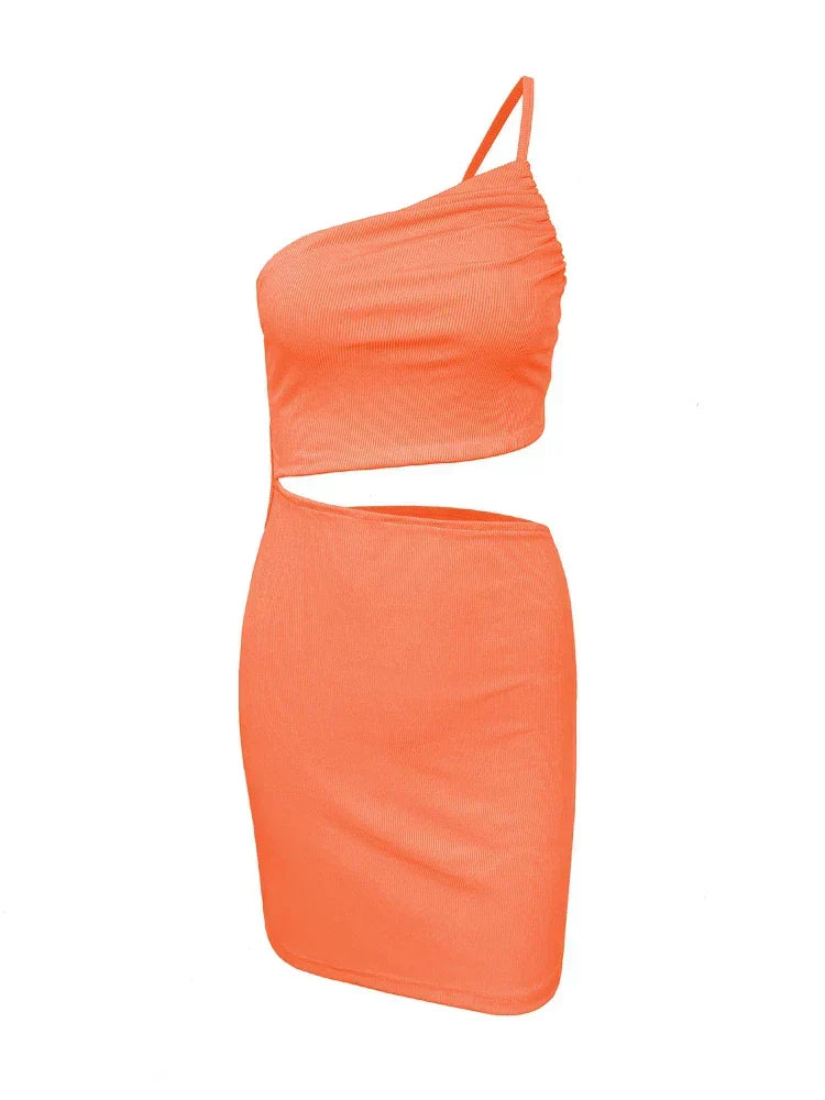 One Shoulder Ribbed Knit Side Cutout Bodycon Mini Dress