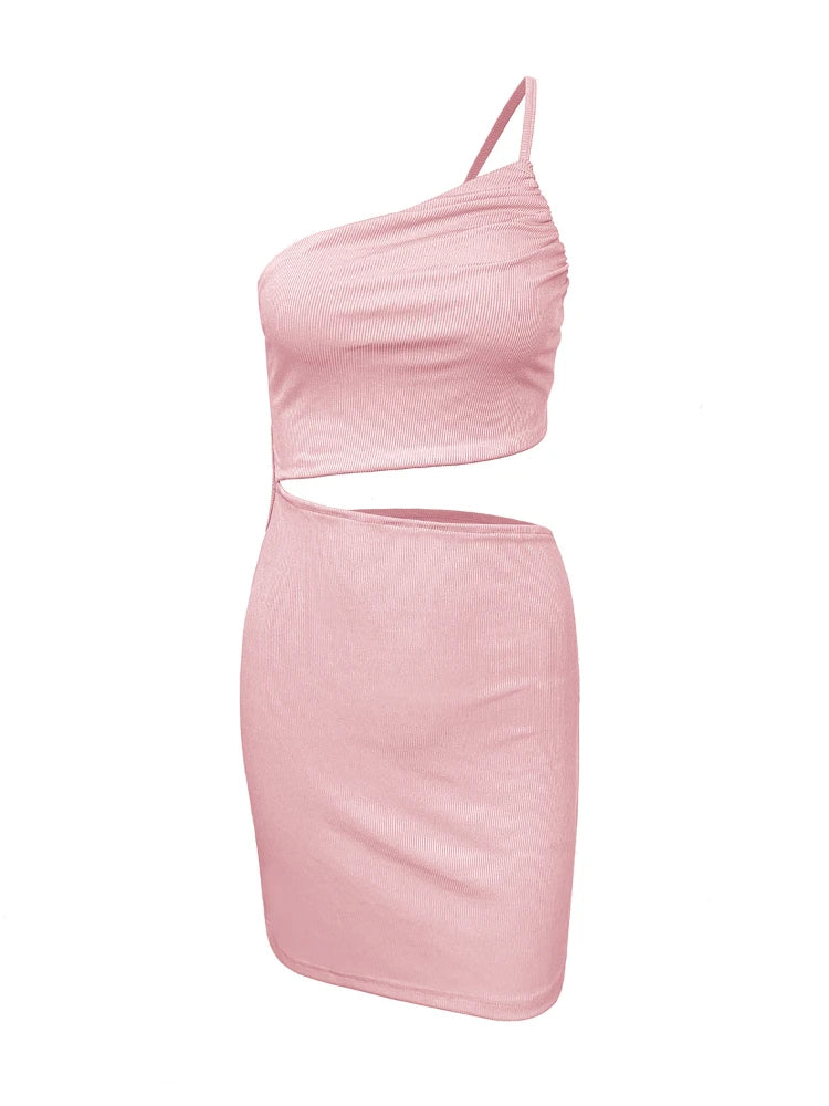 One Shoulder Ribbed Knit Side Cutout Bodycon Mini Dress