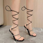 Peep Toe Leather Lace-up Ankle Strap Square Head Rhinestone High Heel High Heel