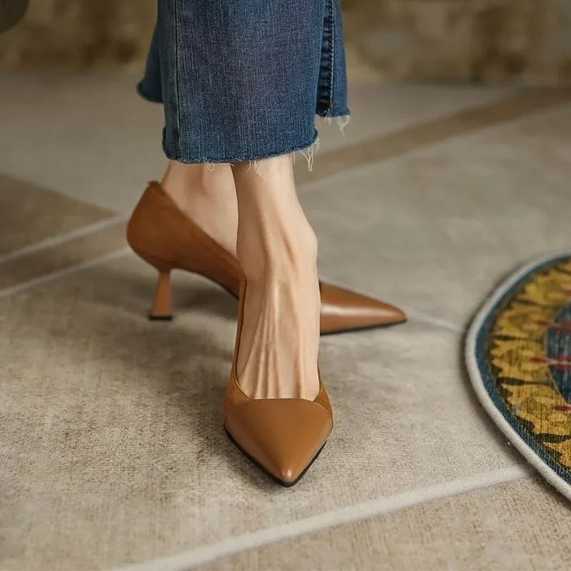 Sexy Pointed Elegant Summer Korean Fashion Apricot Black Color Block High Low Heel Pumps
