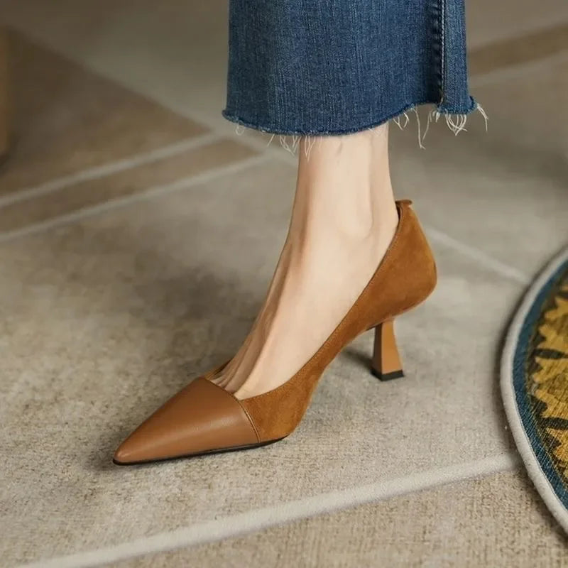 Sexy Pointed Elegant Summer Korean Fashion Apricot Black Color Block High Low Heel Pumps