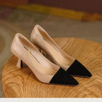 Sexy Pointed Elegant Summer Korean Fashion Apricot Black Color Block High Low Heel Pumps