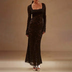Square Neck Floral Lace Long Sleeve Bodycon Maxi Dress