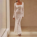 Square Neck Floral Lace Long Sleeve Bodycon Maxi Dress