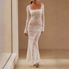 Square Neck Floral Lace Long Sleeve Bodycon Maxi Dress