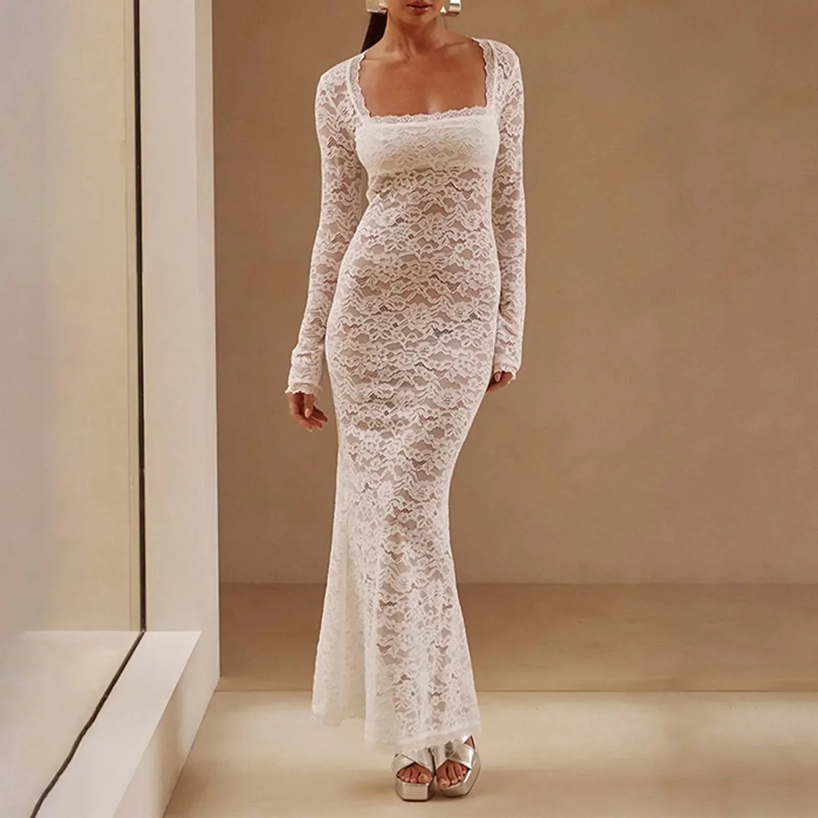 Square Neck Floral Lace Long Sleeve Bodycon Maxi Dress