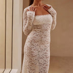 Square Neck Floral Lace Long Sleeve Bodycon Maxi Dress