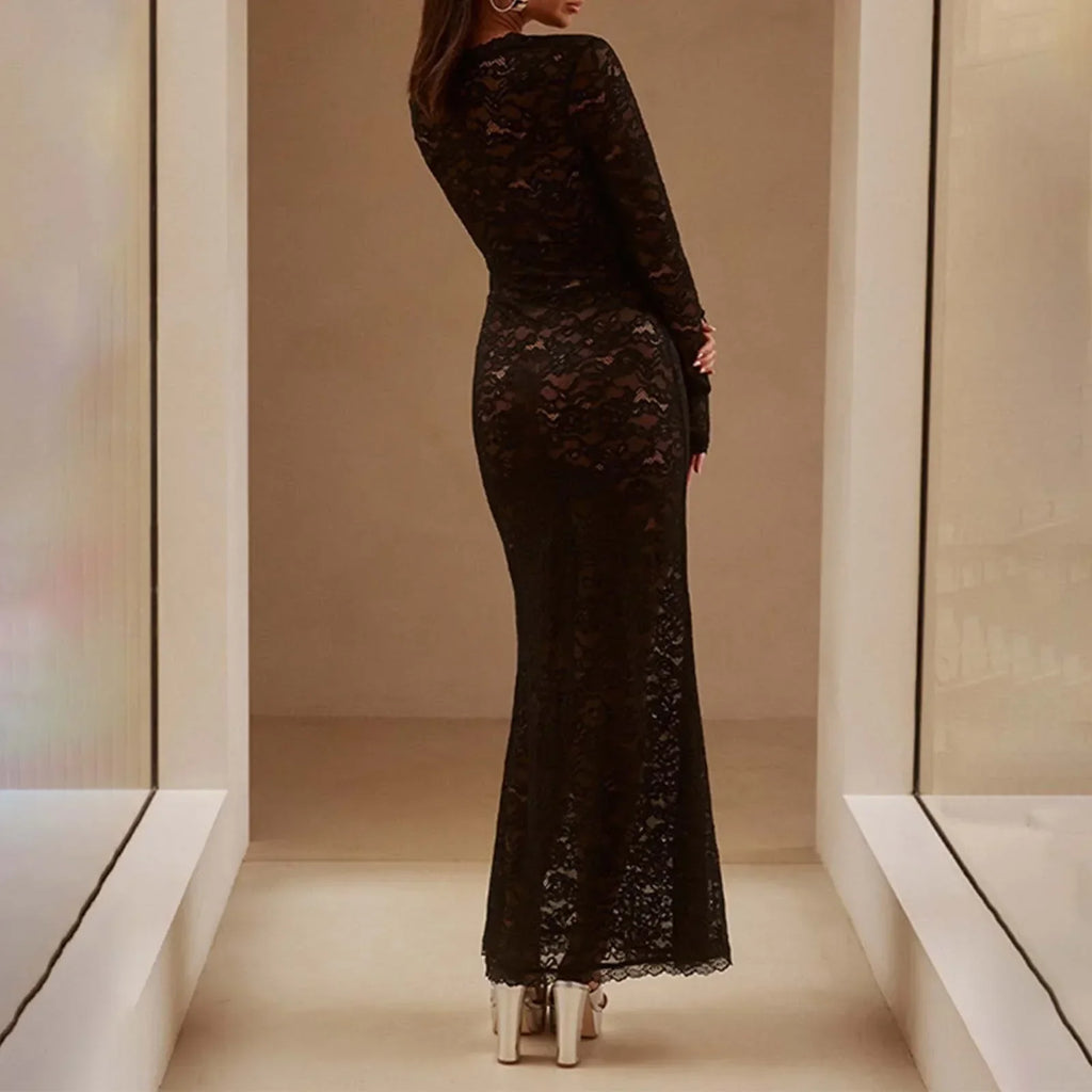 Square Neck Floral Lace Long Sleeve Bodycon Maxi Dress