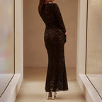 Square Neck Floral Lace Long Sleeve Bodycon Maxi Dress