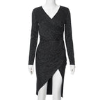 Metallic Rib Knit Long Sleeve Ruched Side Slit Midi Dress