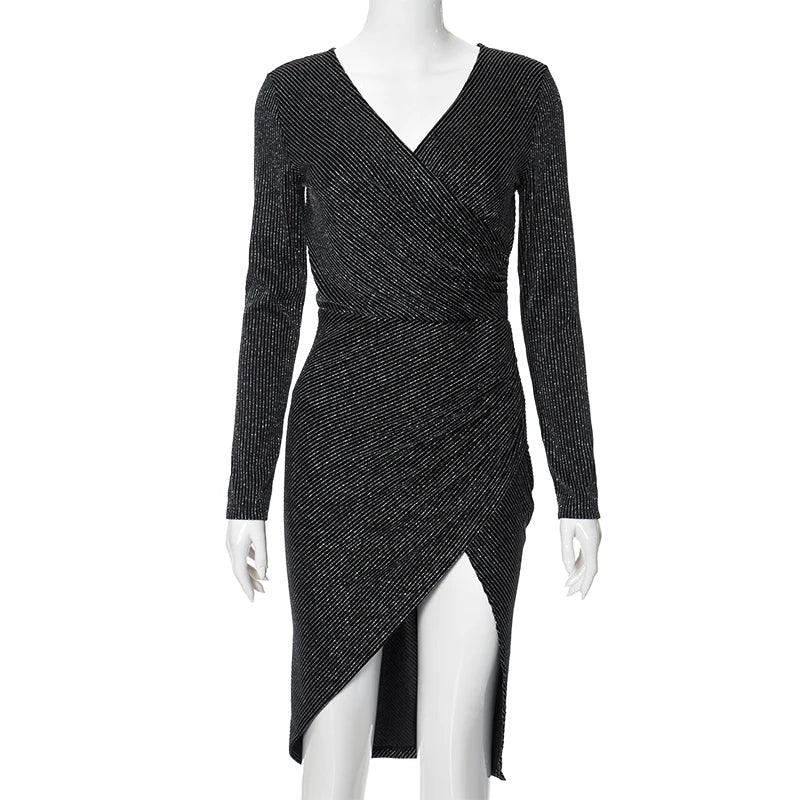 Metallic Rib Knit Long Sleeve Ruched Side Slit Midi Dress