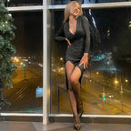 Metallic Rib Knit Long Sleeve Ruched Side Slit Midi Dress