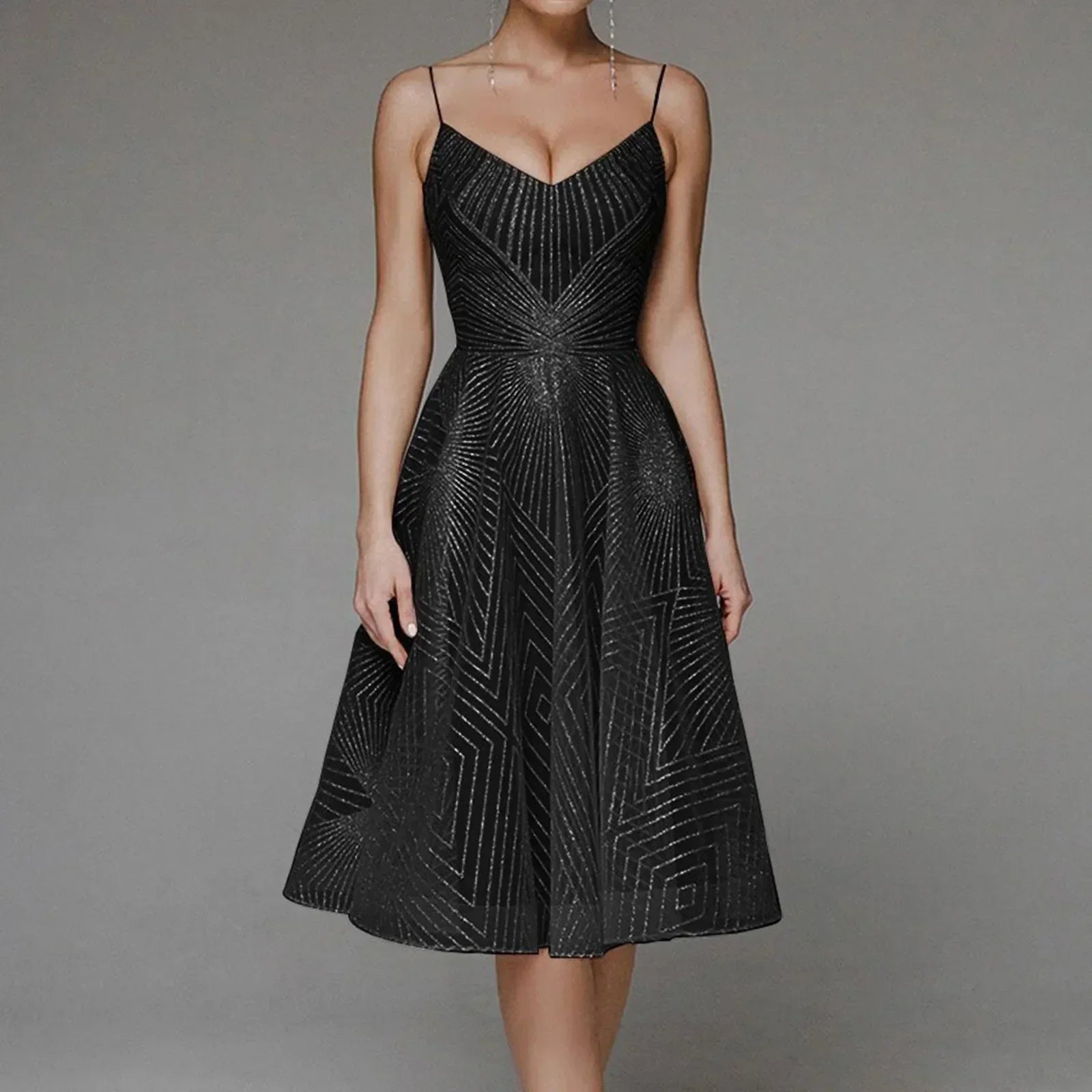 Deep V-Neck Spaghetti Strap Geometric Sequin Mesh Fit and Flare Cocktail Midi Dress