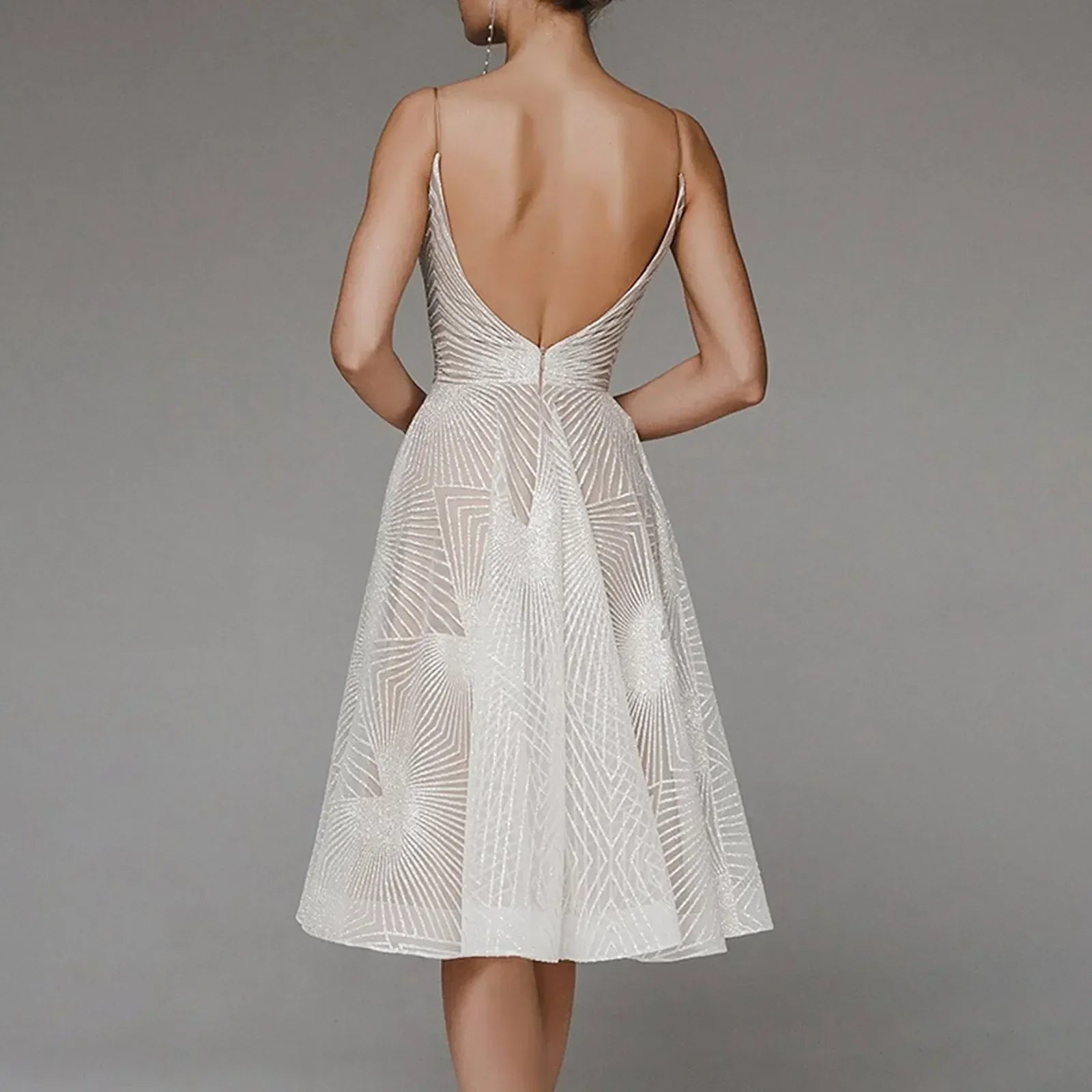 Deep V-Neck Spaghetti Strap Geometric Sequin Mesh Fit and Flare Cocktail Midi Dress