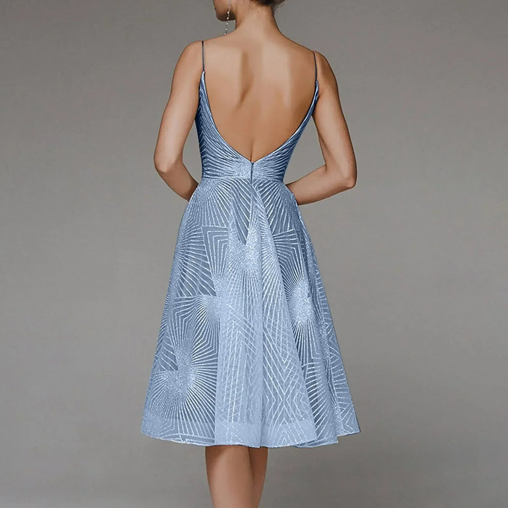 Deep V-Neck Spaghetti Strap Geometric Sequin Mesh Fit and Flare Cocktail Midi Dress