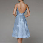 Deep V-Neck Spaghetti Strap Geometric Sequin Mesh Fit and Flare Cocktail Midi Dress
