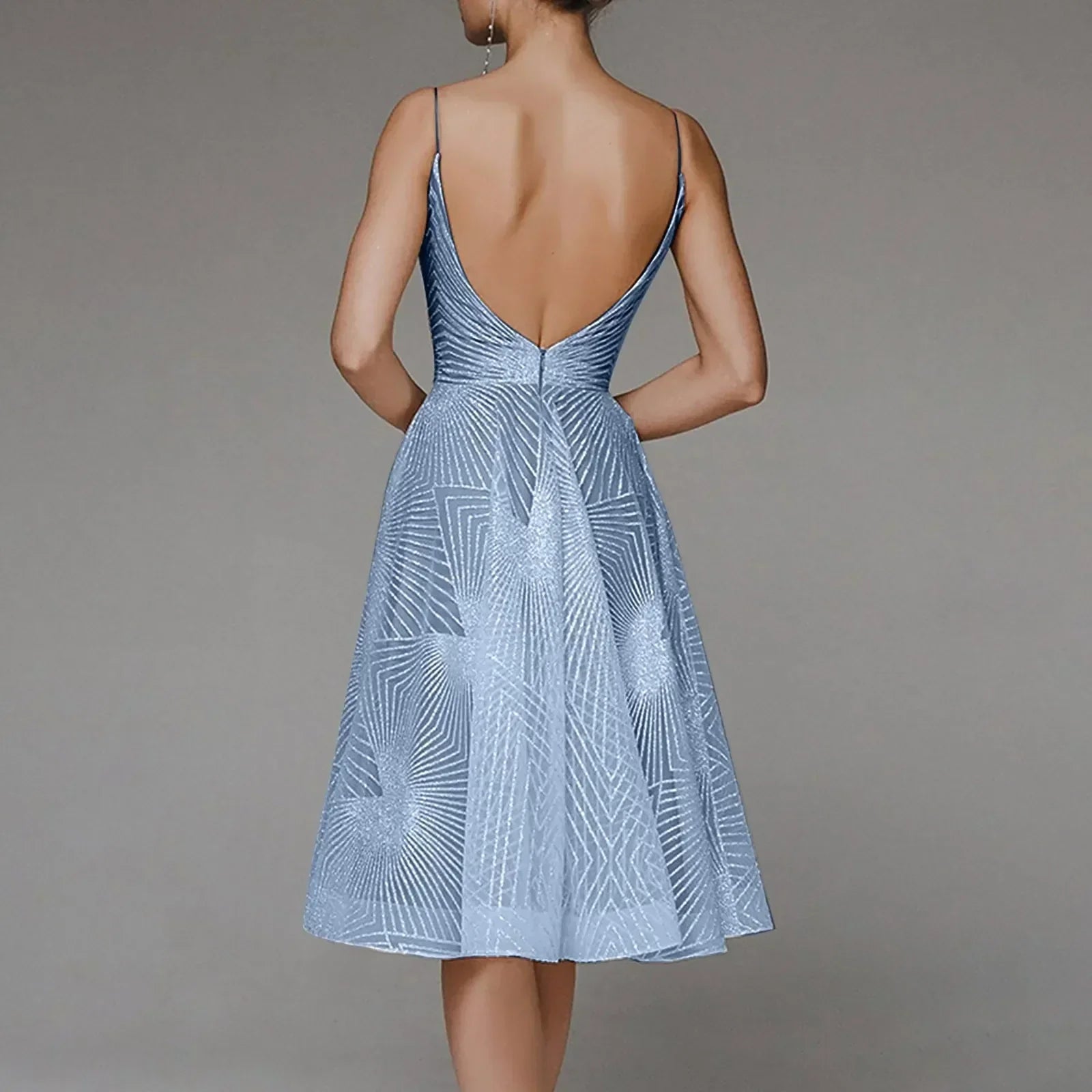Deep V-Neck Spaghetti Strap Geometric Sequin Mesh Fit and Flare Cocktail Midi Dress