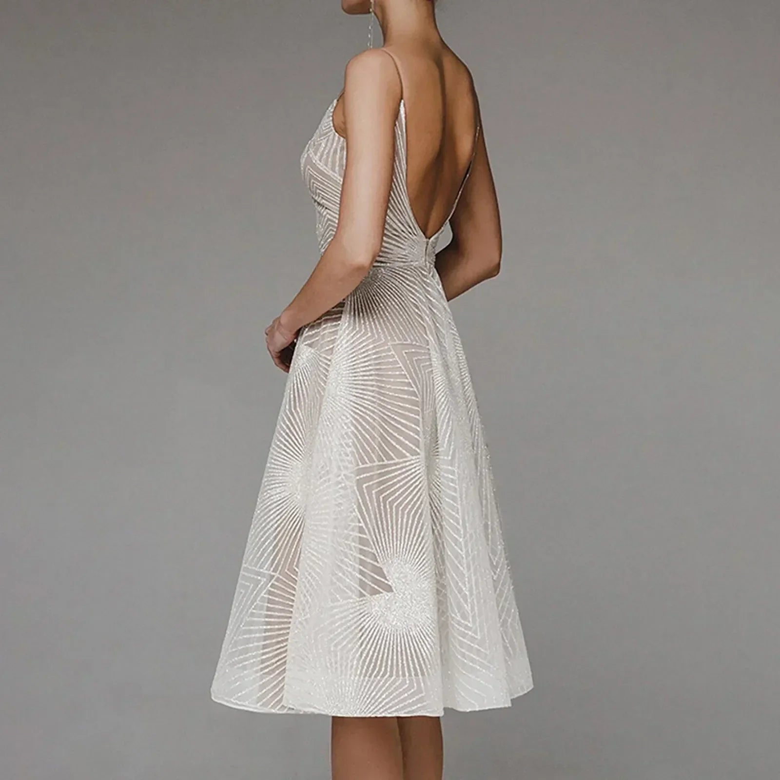 Deep V-Neck Spaghetti Strap Geometric Sequin Mesh Fit and Flare Cocktail Midi Dress