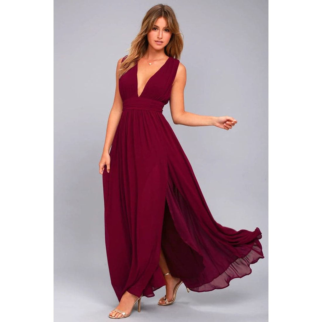 Chiffon Deep V-Neck Sleeveless Belted Waist High Split Maxi Gown
