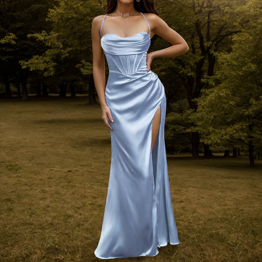 Satin Corset Bodice Cowl Neck Spaghetti Strap High Slit Maxi Dress