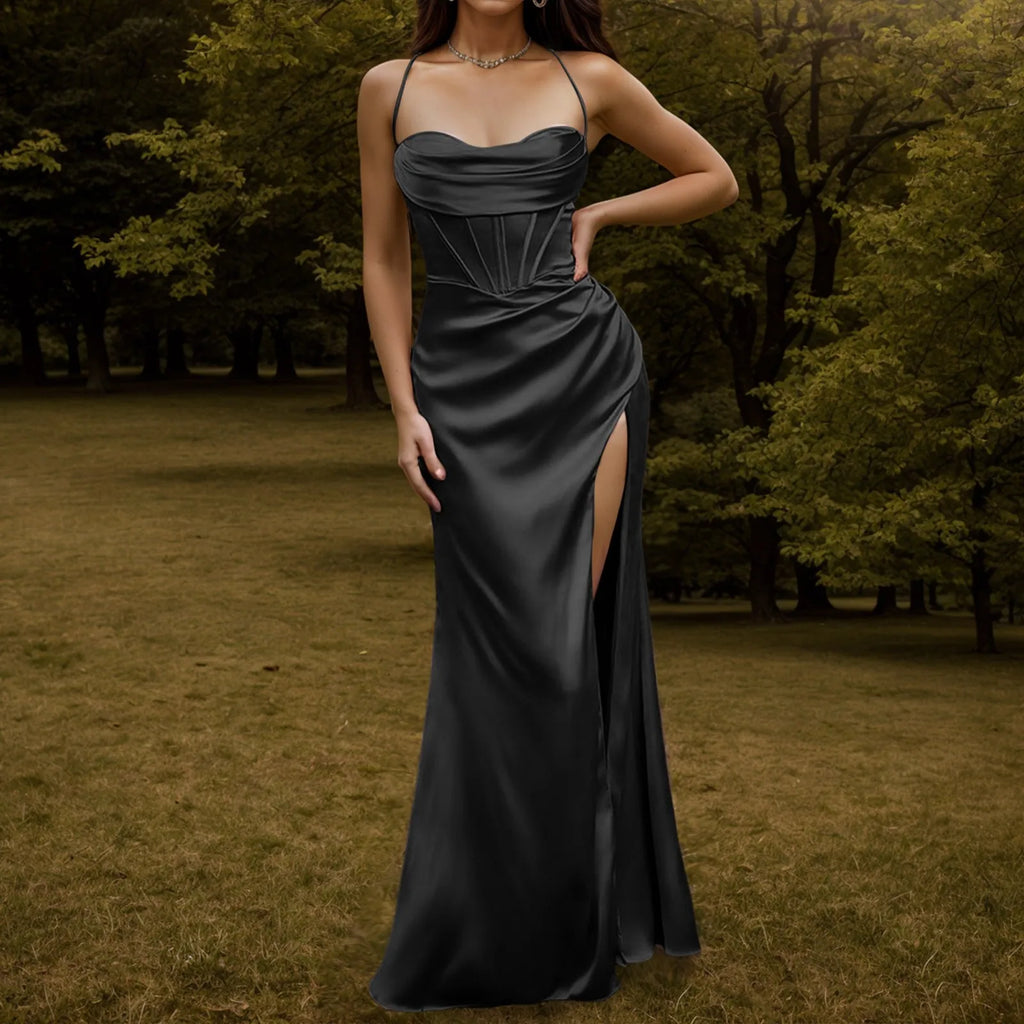 Satin Corset Bodice Cowl Neck Spaghetti Strap High Slit Maxi Dress