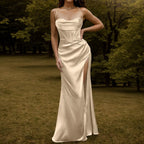 Satin Corset Bodice Cowl Neck Spaghetti Strap High Slit Maxi Dress