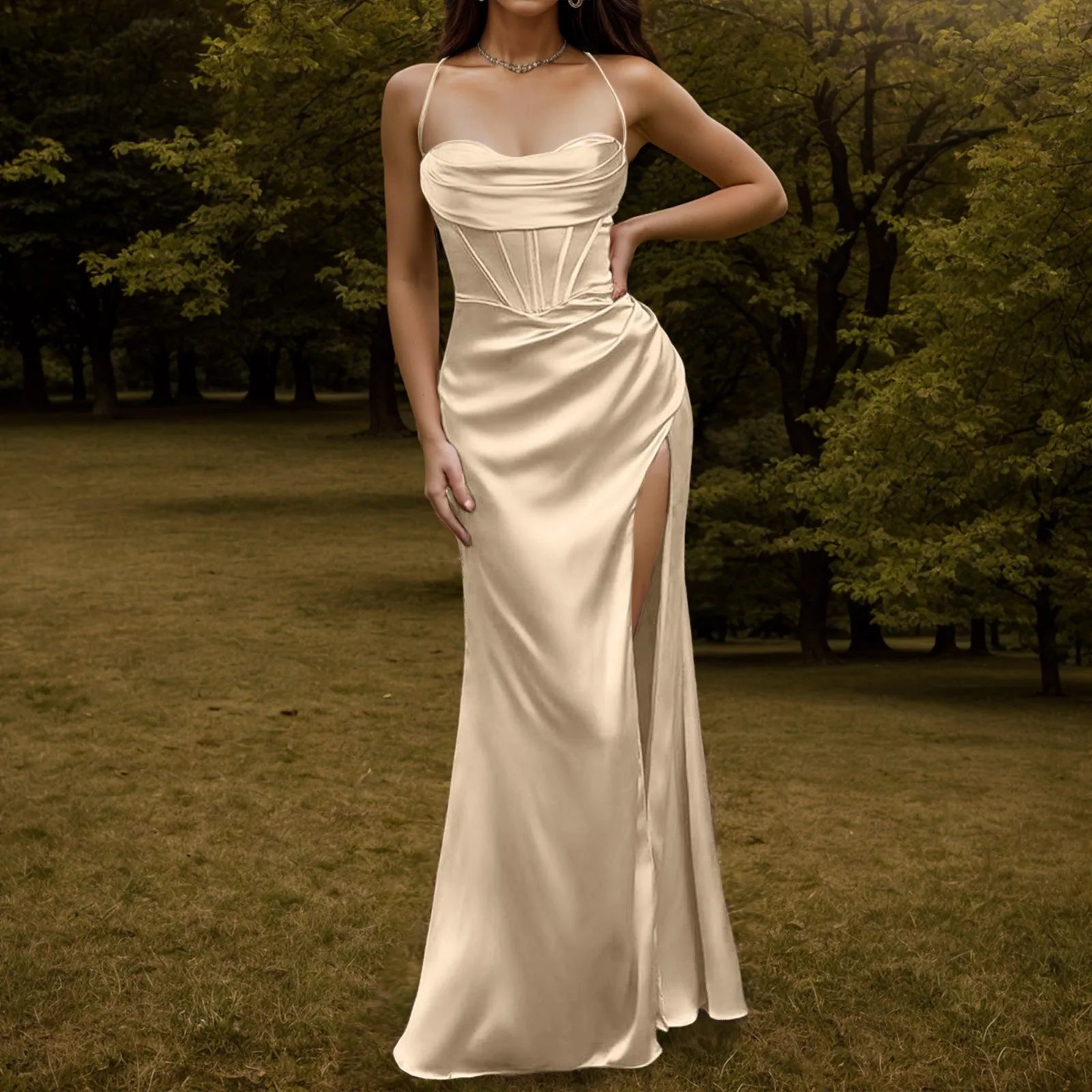 Satin Corset Bodice Cowl Neck Spaghetti Strap High Slit Maxi Dress