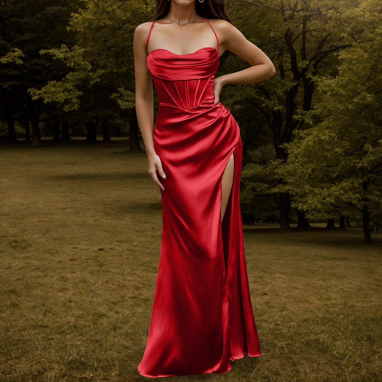 Satin Corset Bodice Cowl Neck Spaghetti Strap High Slit Maxi Dress