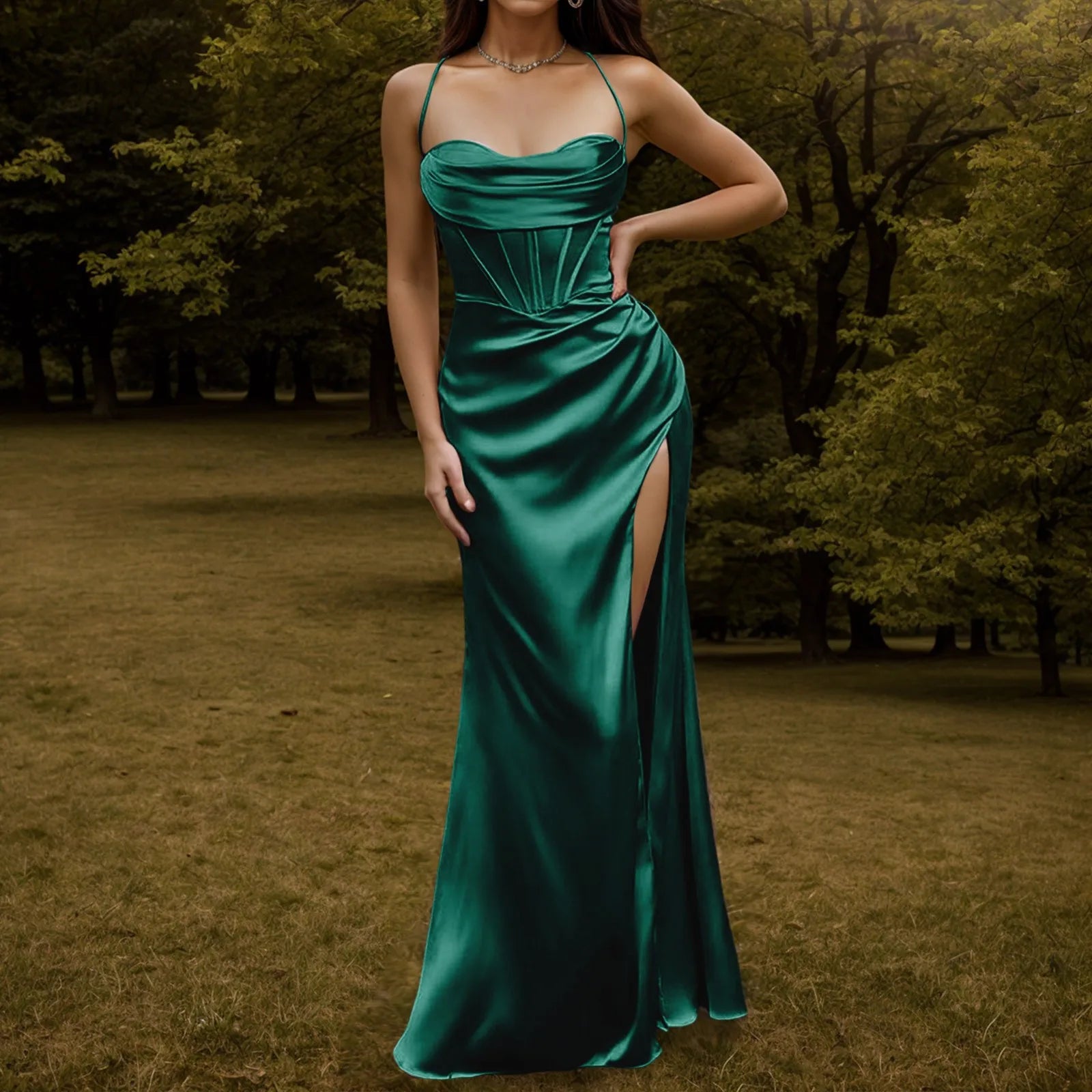 Satin Corset Bodice Cowl Neck Spaghetti Strap High Slit Maxi Dress