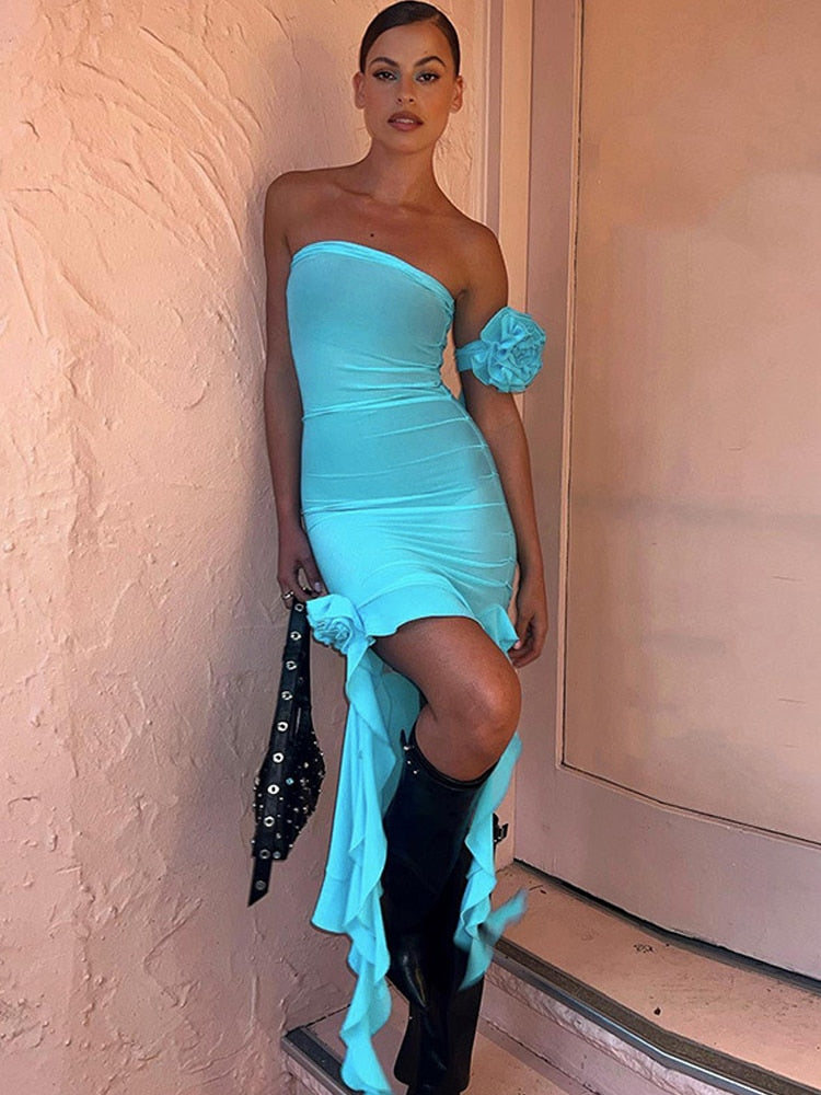 Sheer Halter Backless Ruffle Trim Asymmetric Hem Midi Dress