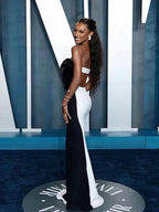 Oversized Bow Strapless Cut Out Mermaid Floor Length Gown With Contrast Train
