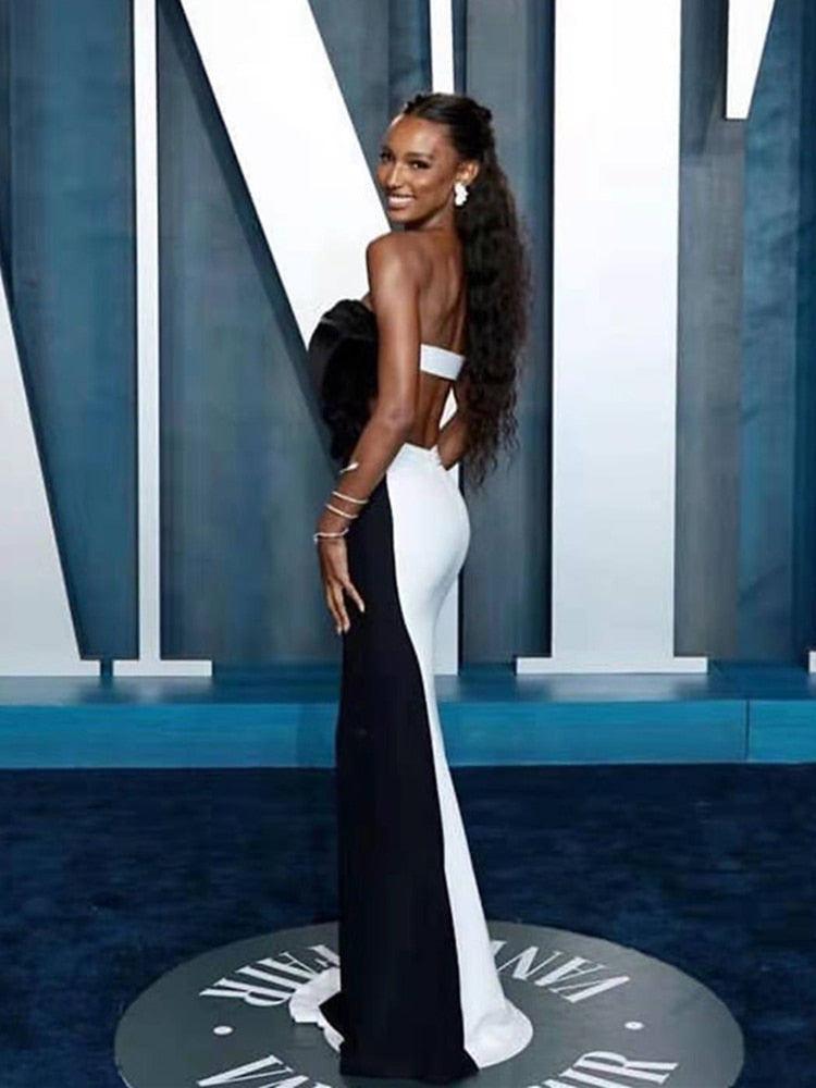 Oversized Bow Strapless Cut Out Mermaid Floor Length Gown With Contrast Train