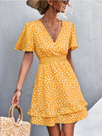 Dotted Print Surplice V-Neck Flutter Sleeve Smocked Waist Tiered Ruffle Mini Dress