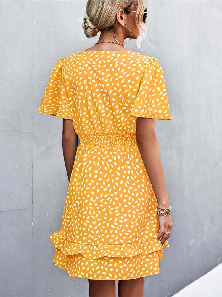 Dotted Print Surplice V-Neck Flutter Sleeve Smocked Waist Tiered Ruffle Mini Dress