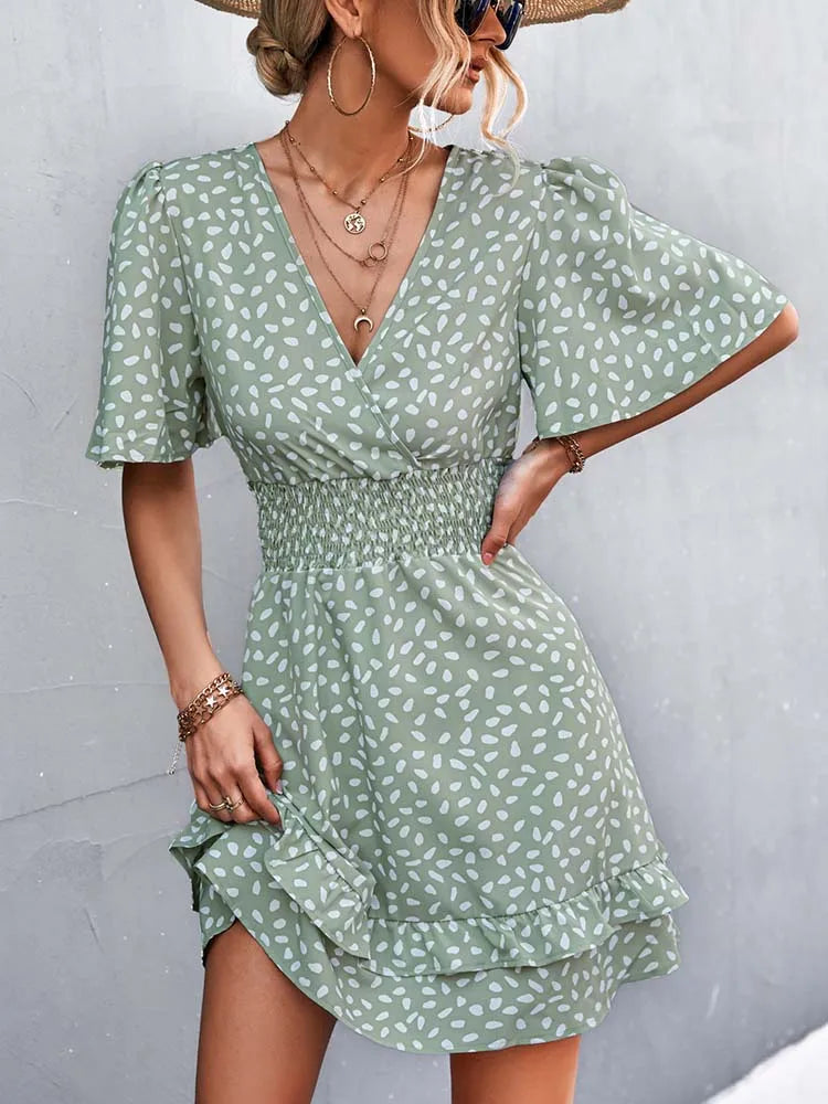 Dotted Print Surplice V-Neck Flutter Sleeve Smocked Waist Tiered Ruffle Mini Dress
