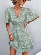 Dotted Print Surplice V-Neck Flutter Sleeve Smocked Waist Tiered Ruffle Mini Dress